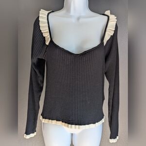 H&M Black Long Sleeve Top with Cream Ruffle Trim
